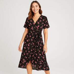 Floral Faux-Wrap Midi Southern Dress – Black with Pink Blossoms Medium